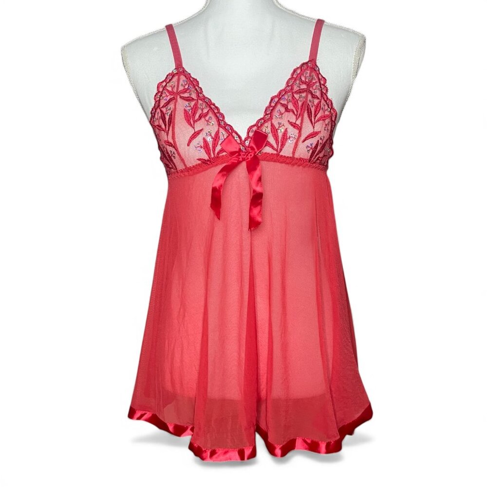 Red Sheer Small Lace Babydoll Lingerie Nightgown Women’s Embroidery Sequin Bow
